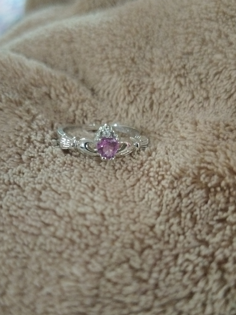 Claddagh Style Silver Ring with Pink Gemstone Size 9